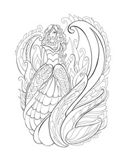 Coloring book page with beautiful woman. Vector illustration hand drawn. Line art.