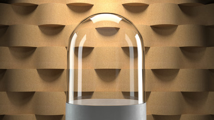 Glass dome with wooden wave pattern  background for display. 3D rendering.   © bombybamby