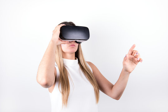 female model wearing virtual reality headset