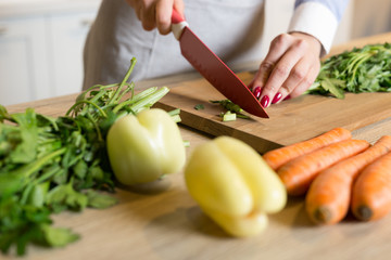 Young Woman Cooking in the kitchen. Healthy Food - Vegetable Sal