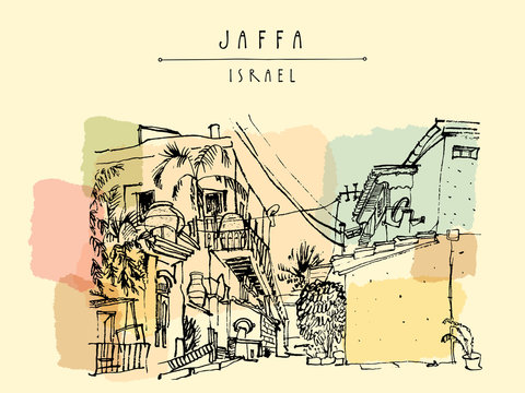 A house in Jaffa (Yafo), Tel Aviv, Israel. Grungy black ink brush outline drawing with lighthouse, houses and trees. Travel sketch. Touristic poster, postcard template or book illustration