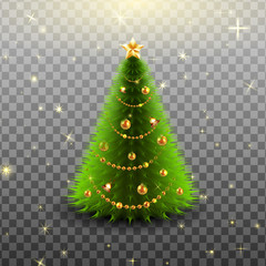 Christmas tree with colorful baubles and gold star on the top isolated on transparent background. Vector illustration.