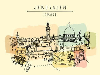 Wailing wal in Jerusalem, Israel. Travel sketch. Hand drawn artistic postcard