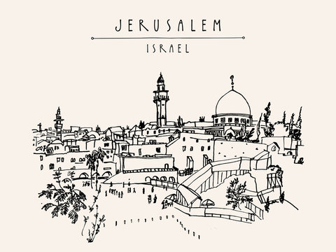 Wailing wal in Jerusalem, Israel. Travel sketch. Hand drawn artistic postcard