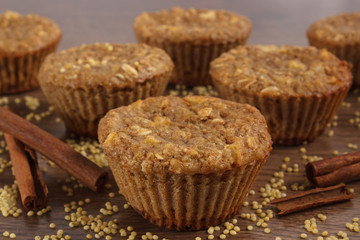 Fresh muffins with millet groats, cinnamon and apple baked with wholemeal flour, delicious healthy dessert
