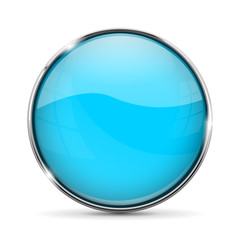 Blue glass button. Web shiny 3d icon with metal frame