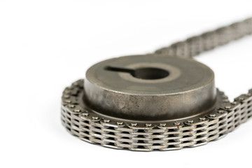 Closeup macro used oiled timing chain with cam shaft