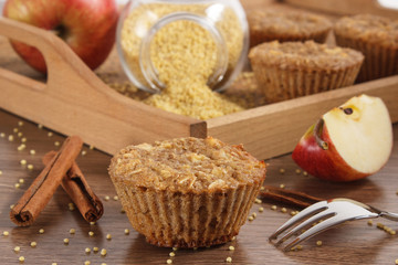 Fresh muffin with millet groats, cinnamon and apple baked with wholemeal flour, delicious healthy dessert