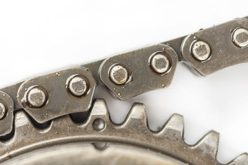 Closeup macro used oiled timing chain on cam shaft
