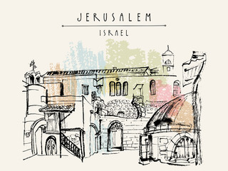 Roofs in Jerusalem, Israel. Travel sketch. Hand drawn touristic postcard, poster, calendar or book illustration. Jerusalem city view postcard