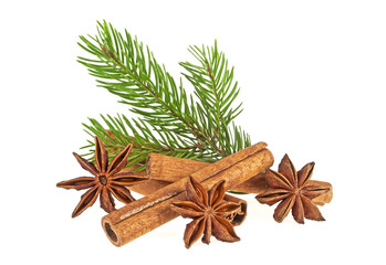 Fir tree branch, anise and cinnamon sticks isolated on white bac
