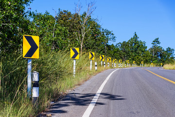 Curve warning sign on the road