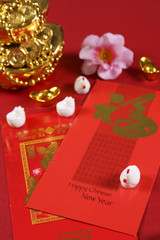 Chinese new year angpow packets with Chinese new year greeting translated in Mandarin. 2017 is known as the year of the chicken according to chinese zodiac.