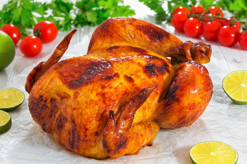 barbecued whole chicken with crispy golden crust skin, close-up