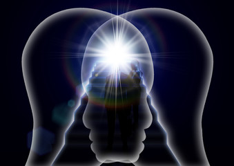 チームワーク　ビジネスマンのシルエットと光差す階段