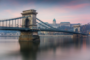 sunrise at budapest chain bridge, hungary