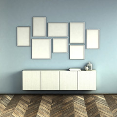 mock up poster frames on blue wall interior background. picture frame composition concept. 3D rendering illustration.
