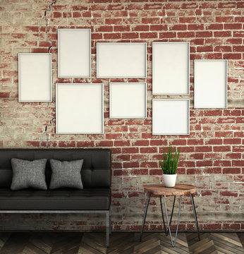 mock up poster frames in brick interior background. picture frame composition concept. 3D rendering illustration.