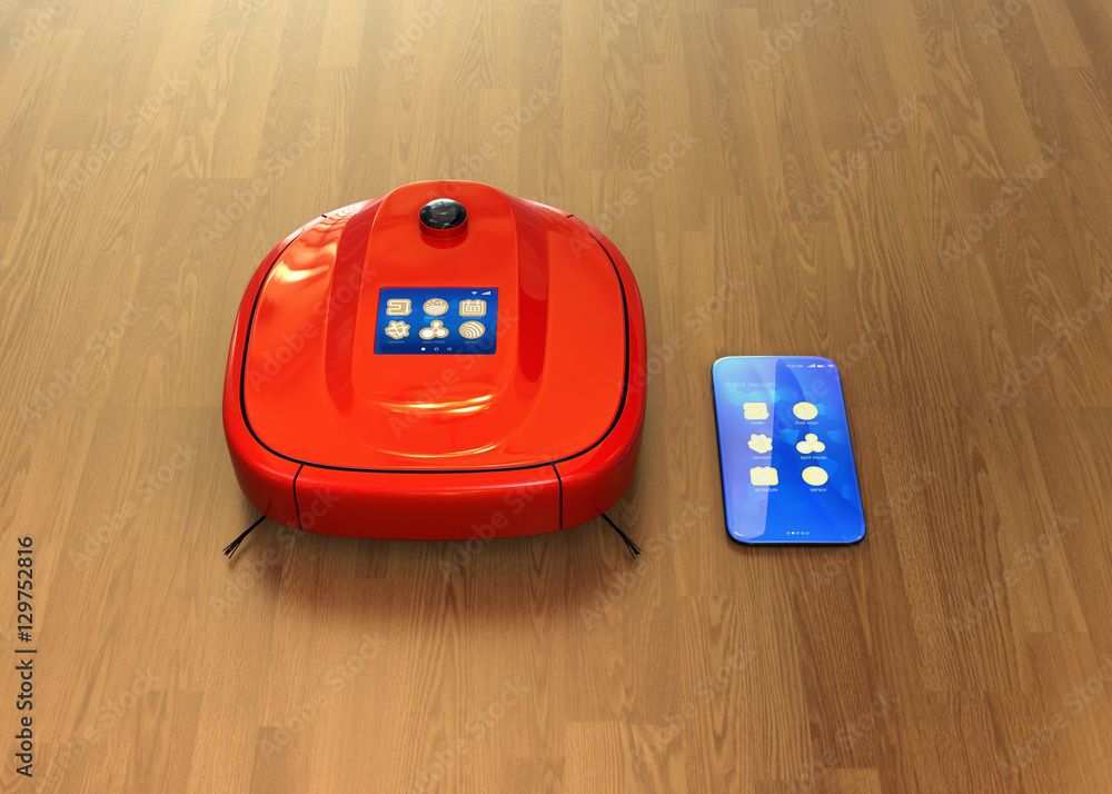 Poster red robotic vacuum and smartphone on the flooring. smart appliances concept. 3d rendering image.