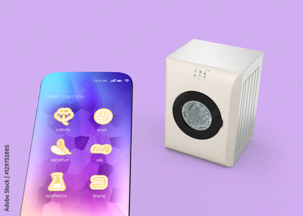 Aufkleber washing machine and smartphone isolated on pastel purple background. using the app could set laundry