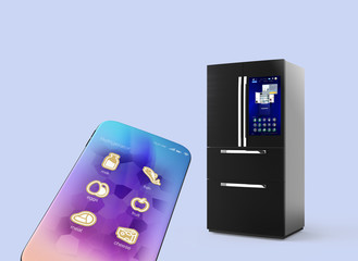 Refrigerator and smartphone isolated on light blue background. Smart appliances concept. 3D rendering image.