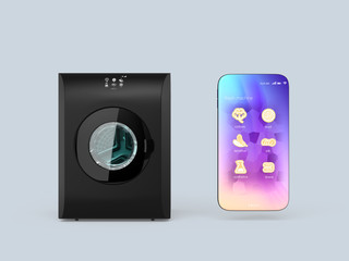 Washing machine and smartphone isolated on gray background. Using the app could set laundry course. Smart appliances concept. 3D rendering image.