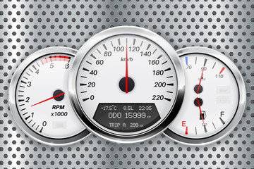 Speedometer. Car dashboard on metal perforated background