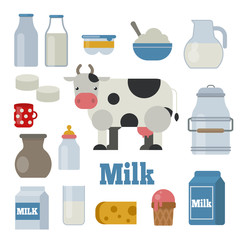 Cow, milk and dairy products vector set in flat style.