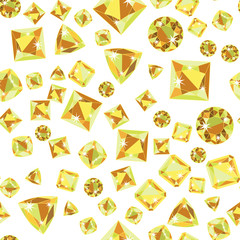 Seamless pattern with green yellow scattered precious gem Citrine from different cuts on white background. Vector illustration