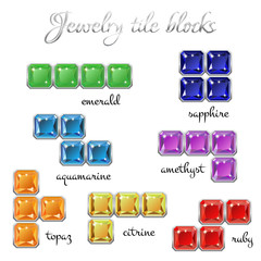 Set of jewelry tile blocks from realistic faceted gem stones. Design elements of mosaic in seven main shapes and colors isolated on white background. Vector illustration