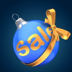 3d illustration of blue Christmas ball over dark blue background with sale sign and golden ribbon