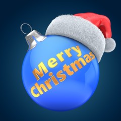 3d illustration of blue Christmas ball over dark blue background with Merry Christmas sign and Christmas hat