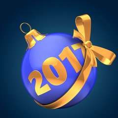 3d illustration of Christmas ball blue over dark blue background with 2017 year sign and golden ribbon