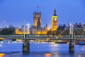 London at twilight. County Hall, Westminster Bridge, Big Ben and
