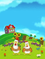 Obraz na płótnie Canvas Cartoon farm happy scene with standing rooster and hen - illustration for children