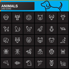 Animals line icons set, outline vector symbol collection, linear pictogram pack isolated on black. Signs, logo illustration