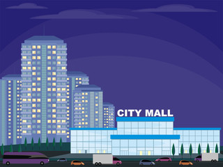 Abstract image of a modern city. Night cityscape with tall buildings, skyscrapers and shopping center. Vector background for design presentations, web sites and banners.