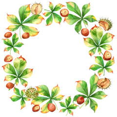 Fototapeta premium Watercolor autumn wreath with chestnut on white background