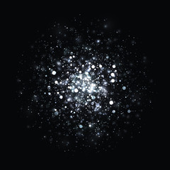 Vector silver glowing light glitter background. Christmas white magic lights background. Star burst with sparkles on black background