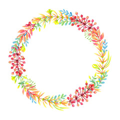 Watercolor floral wreath on white background