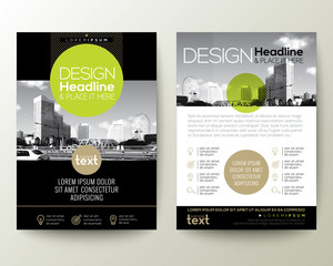 poster flyer pamphlet brochure cover design layout with circle shape graphic elements and space for photo background, black, green, gold color scheme, vector template in A4 size - obrazy, fototapety, plakaty