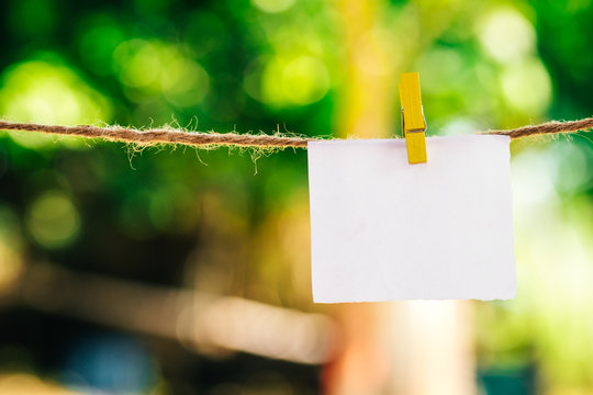 Blank white paper and clippaper  hanging on the clothesline with bokeh nature background.Designer concept.
