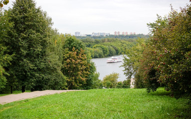 Motor ship floats down the river