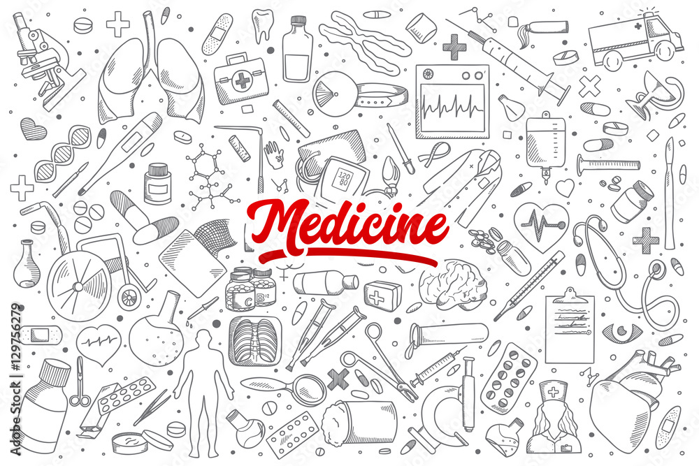 Wall mural Hand drawn set of medicine doodles with red lettering in vector