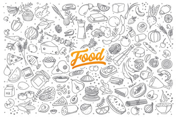 Hand drawn set of healthy food ingredient doodles with lettering in vector - obrazy, fototapety, plakaty