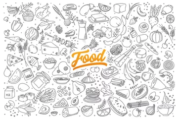 Deurstickers Hand getrokken set van gezonde voeding ingrediënt doodles met letters in vector © drawlab19