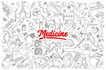 Hand drawn set of medicine doodles with red lettering in vector © drawlab19
