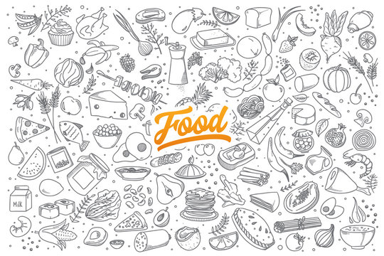 Naklejki Hand drawn set of healthy food ingredient doodles with lettering in vector