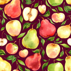 Seamless pattern with watercolor apples and pears on dark red background