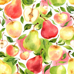 Seamless pattern with watercolor apples and pears on white background